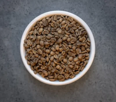 Bowl of Cascadia Blend Decaf Fair Trade Organic Swiss Water Process green coffee beans