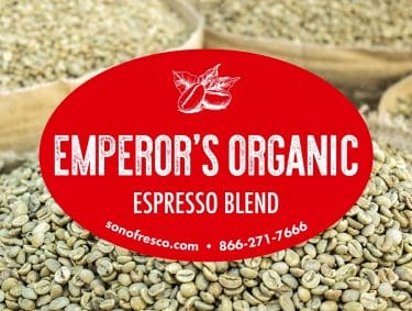 Emperor's Organic Espresso Blend - Rich Fusion of Flavors, with Vibrant Green Coffee Beans in the Background