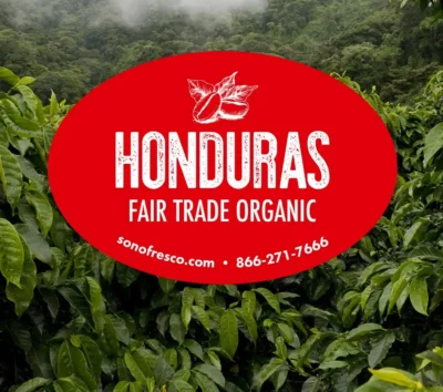 Honduras FTO green coffee label featuring Sonofresco branding and Fair Trade Organic certification