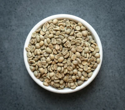 Bowl of Honduras Fair Trade Organic green coffee beans on a dark surface
