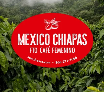 Mexico Chiapas FTO Café Femenino label over lush green coffee plants in Chiapas