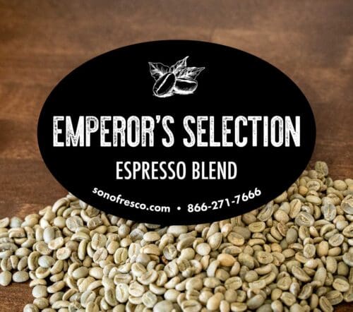 Close-up of dark roasted coffee beans from Sonofresco’s Emperor’s Selection Espresso Blend, showcasing their rich color and smooth texture.