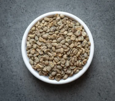 Bali Blue Moon Organic green coffee beans in a white bowl on a dark surface