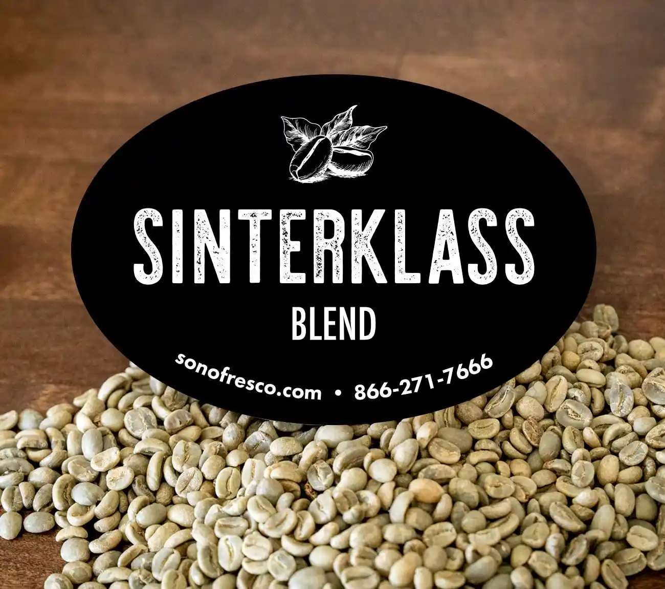 Sonofresco Sinterklaas Christmas Blend label resting on green coffee beans – festive holiday coffee blend