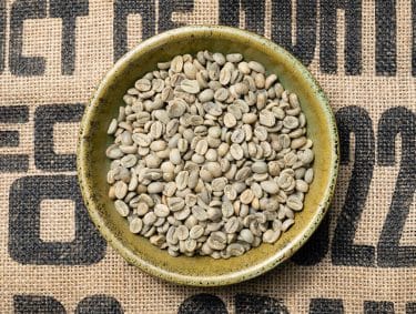 Guatemala FTO raw green coffee beans in a bowl atop a burlap bag
