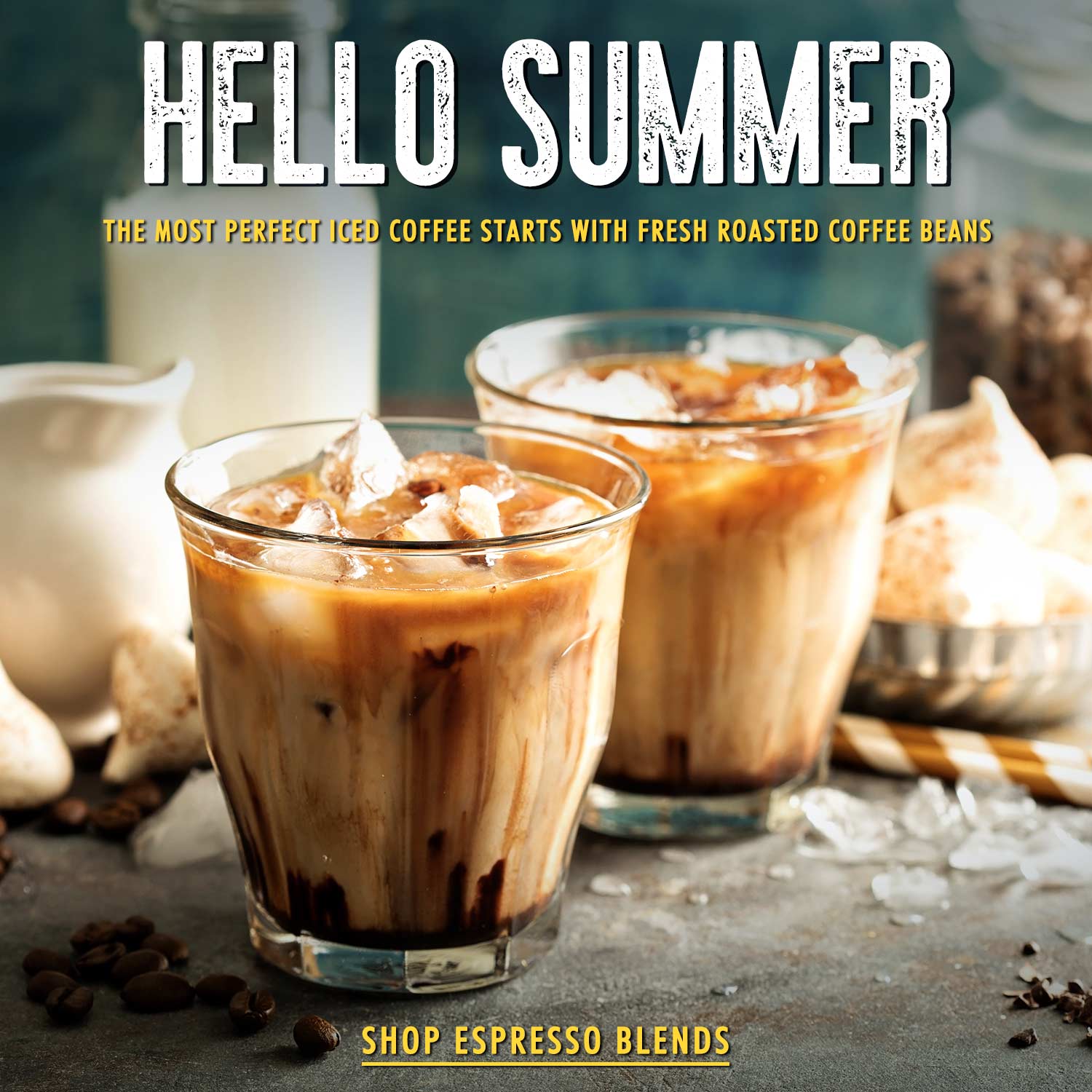 The most perfect iced coffee started with fresh roasted green beans from Sonofresco Deliciously refreshing iced coffee served in a short glass with ice cubes and a hint of cream.