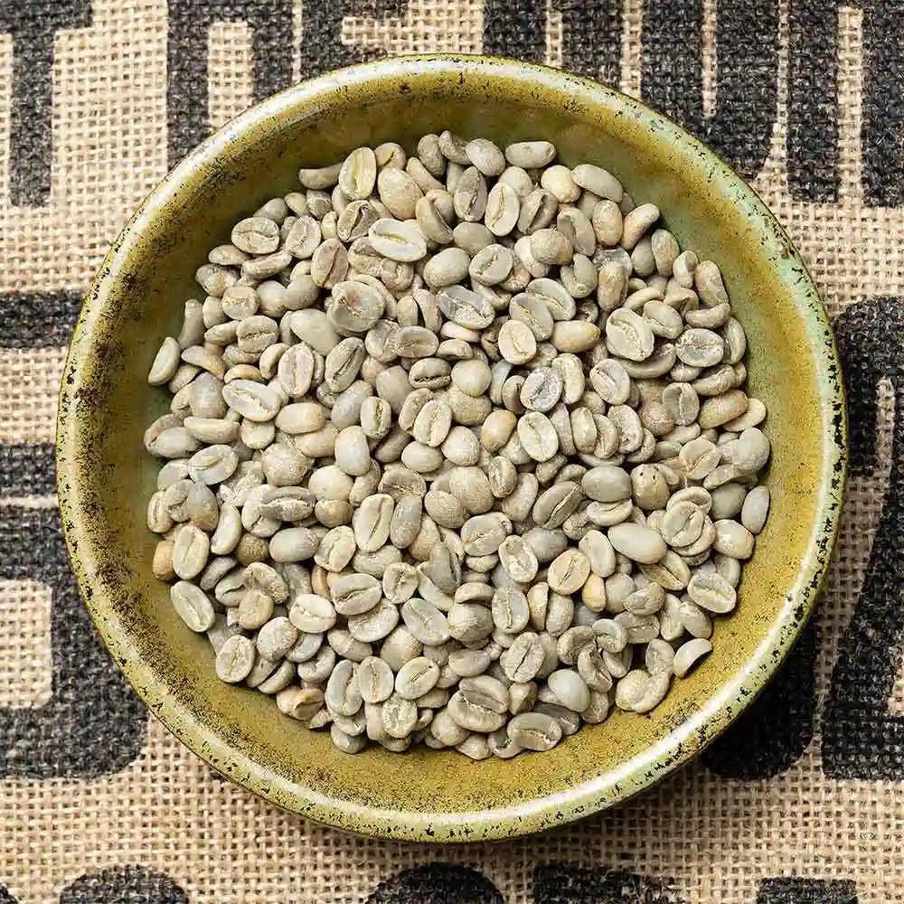 Top-down view of a green ceramic bowl filled with unroasted green coffee beans on a burlap surface with printed text.