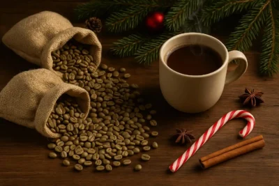 Holiday green coffee beans spilling from burlap sacks beside a steaming mug of coffee with pine branches, candy cane, and cinnamon sticks on a rustic wooden table