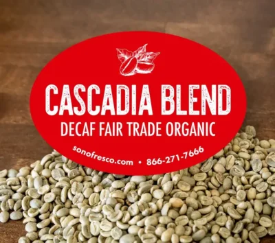 Cascadia Blend Decaf Fair Trade Organic green coffee beans with label