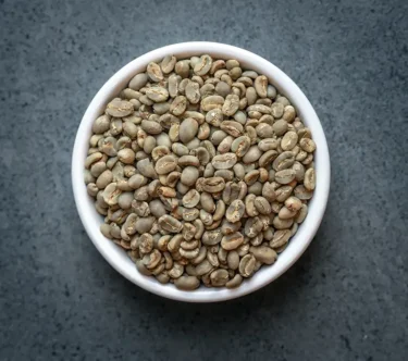 Bowl of Sumatra Mandheling conventional green coffee beans on a dark stone surface