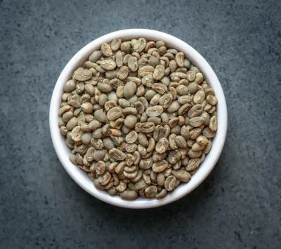 Bowl of Sumatra Mandheling conventional green coffee beans on a dark stone surface