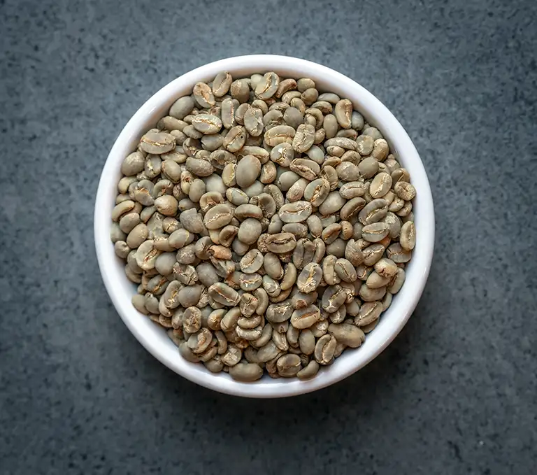 Sumatra Mandheling Conventional Green Coffee Beans Bowl of Sumatra Mandheling conventional green coffee beans on a dark stone surface