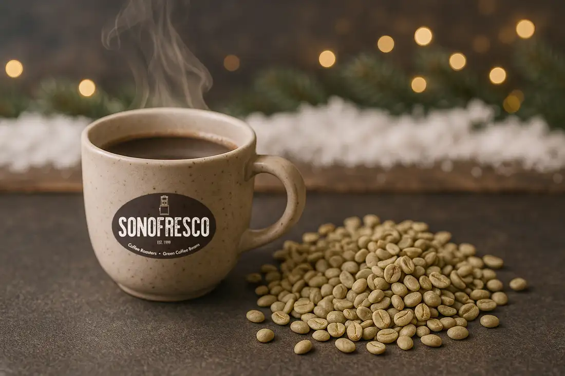 Sonofresco mug with green coffee beans in a cozy holiday setting.